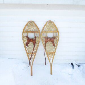 Vtg Indian Made Wood & Rawhide GROS LOUIS Snowshoes  14" x 30" Snow Shoes